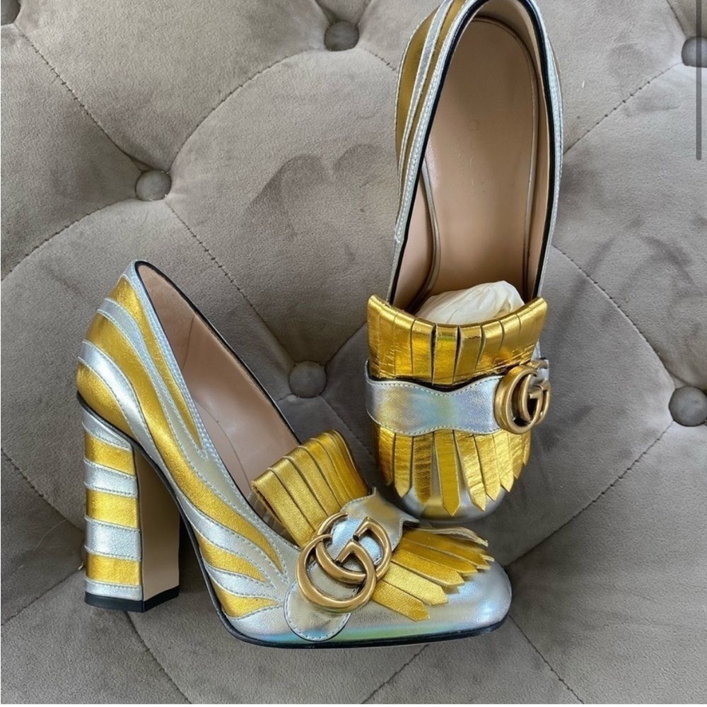 GUCCI Marmont Zebra Striped Metallic heels - Gold & Silver